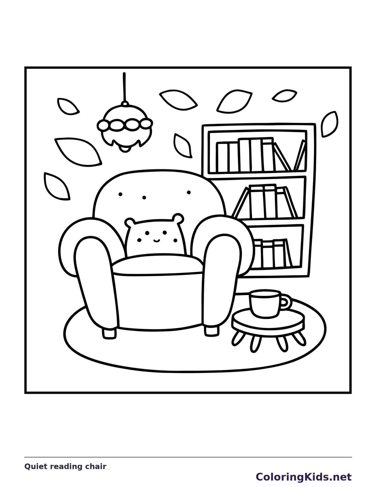 Black and white printable quiet reading chair coloring sheet