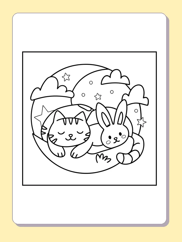 Black and white printable sleeping cat and bunny coloring sheet