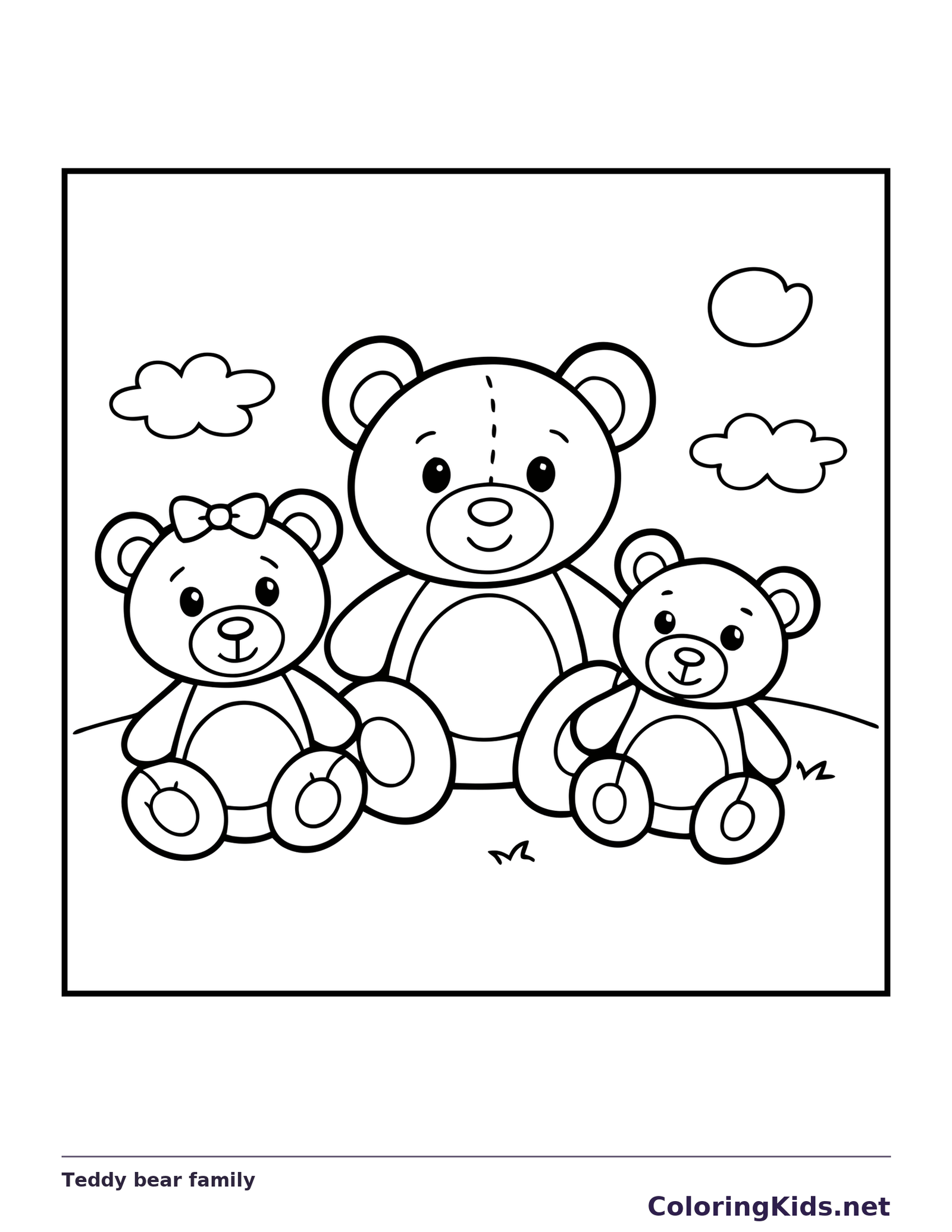 Black and white printable teddy bear family coloring sheet