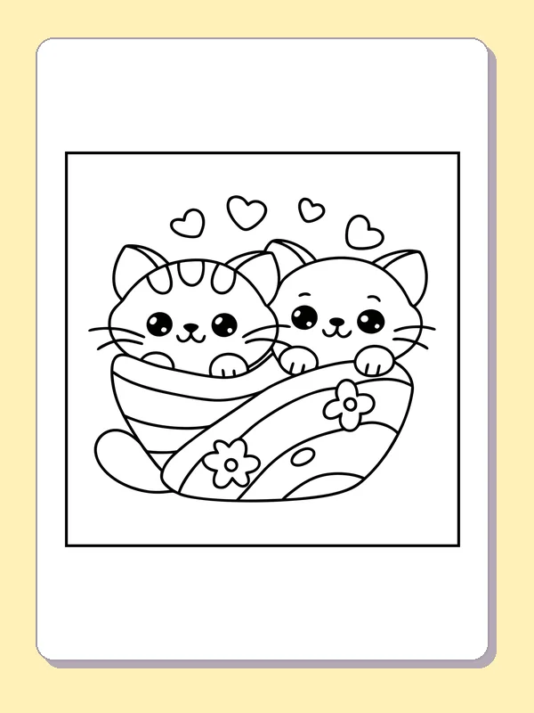 Black and white printable two kittens in a blanket coloring sheet