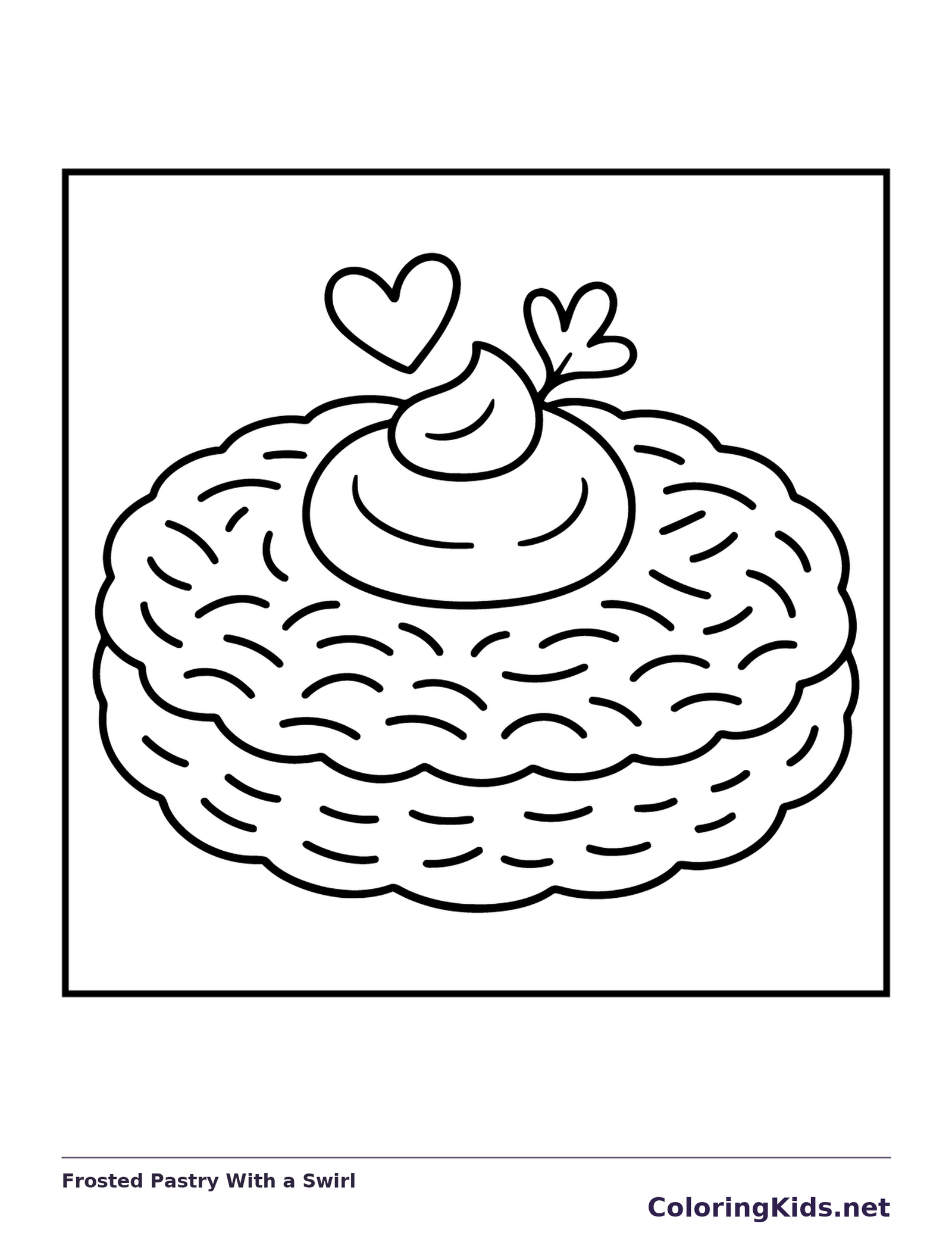 Round textured pastry with an icing swirl, hearts and a flower