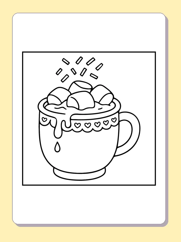 Hot cocoa mug filled with marshmallows and a decorated dripping rim