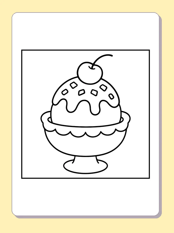 Ice cream sundae in a footed dish with dripping topping and cherry