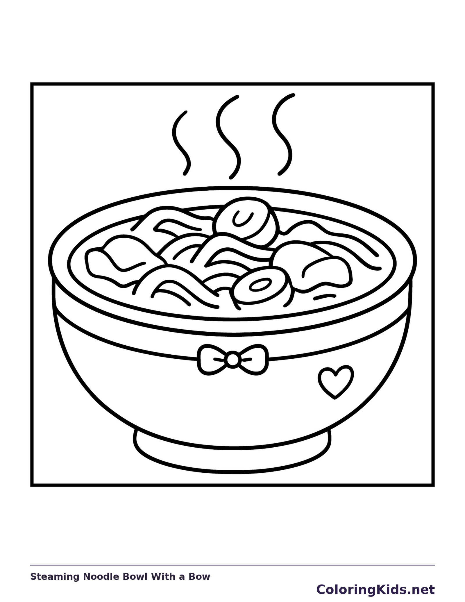 Steaming bowl of curled noodles and toppings with a bow on the bowl