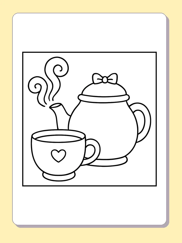Round teapot pouring into a cup decorated with a heart