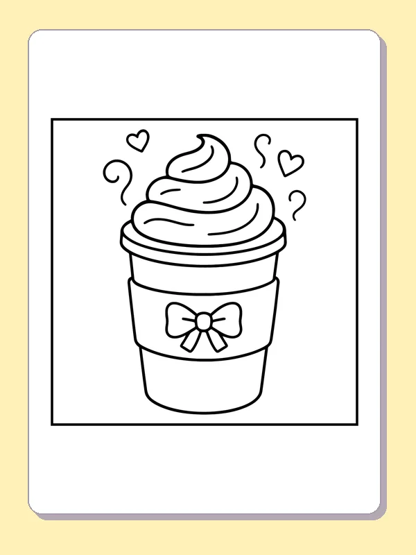 Takeaway drink topped with cream and a bow on its cup sleeve