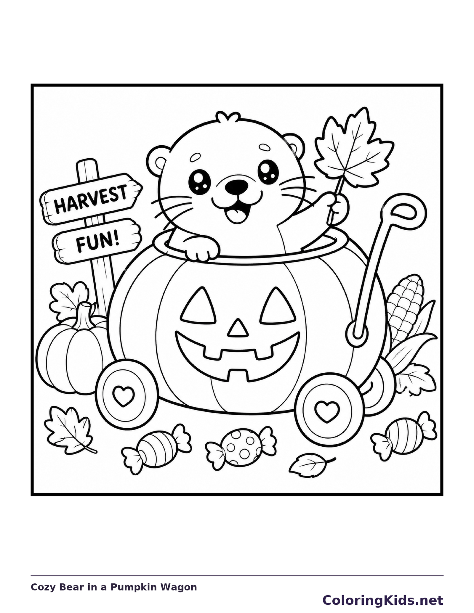 Black and white printable cozy bear in a pumpkin wagon coloring sheet