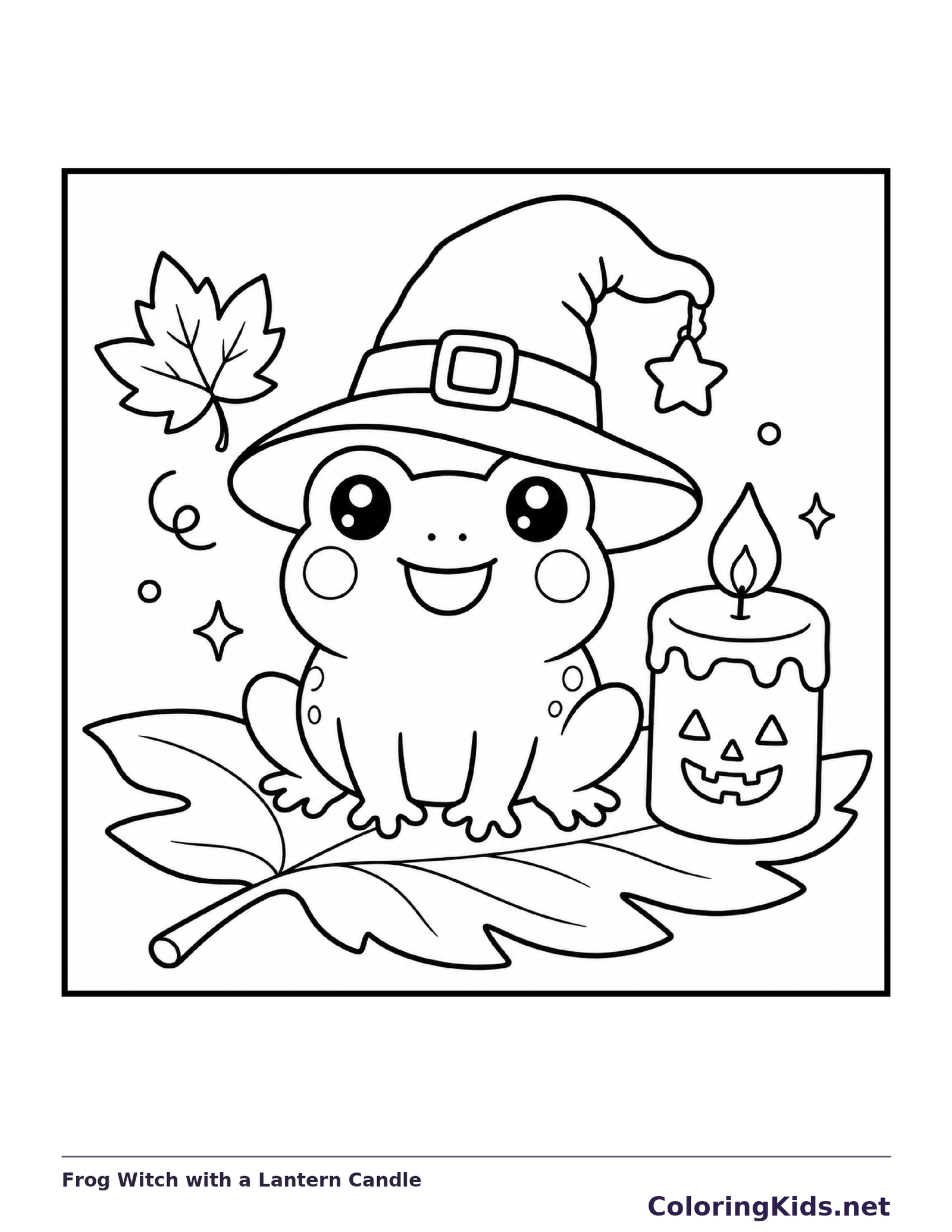 Black and white printable frog witch with a lantern candle coloring sheet