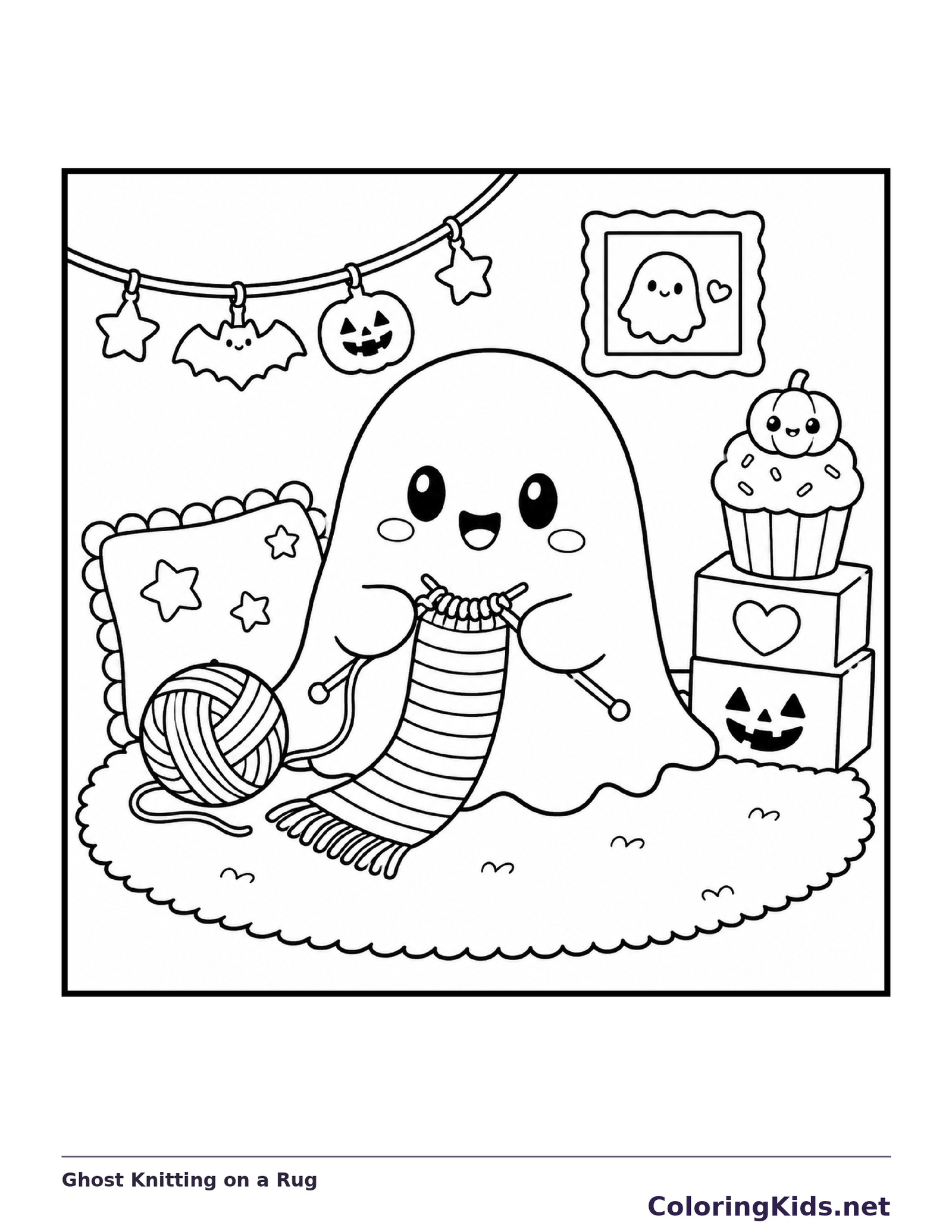 Black and white printable ghost knitting on a rug coloring sheet
