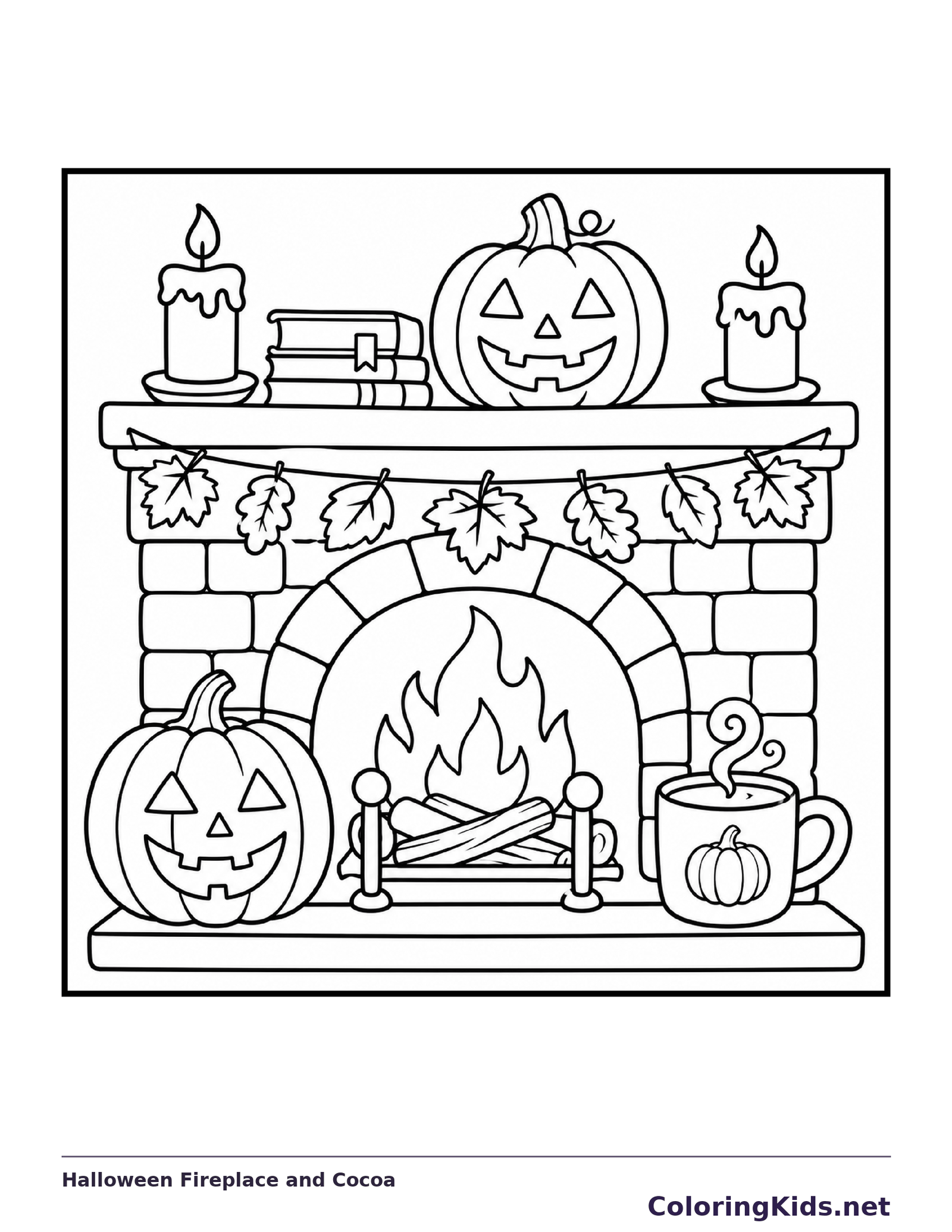 Black and white printable halloween fireplace and cocoa coloring sheet