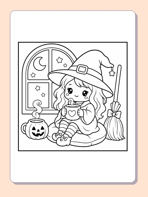 Black and white printable little witch drinking cocoa by a window coloring sheet