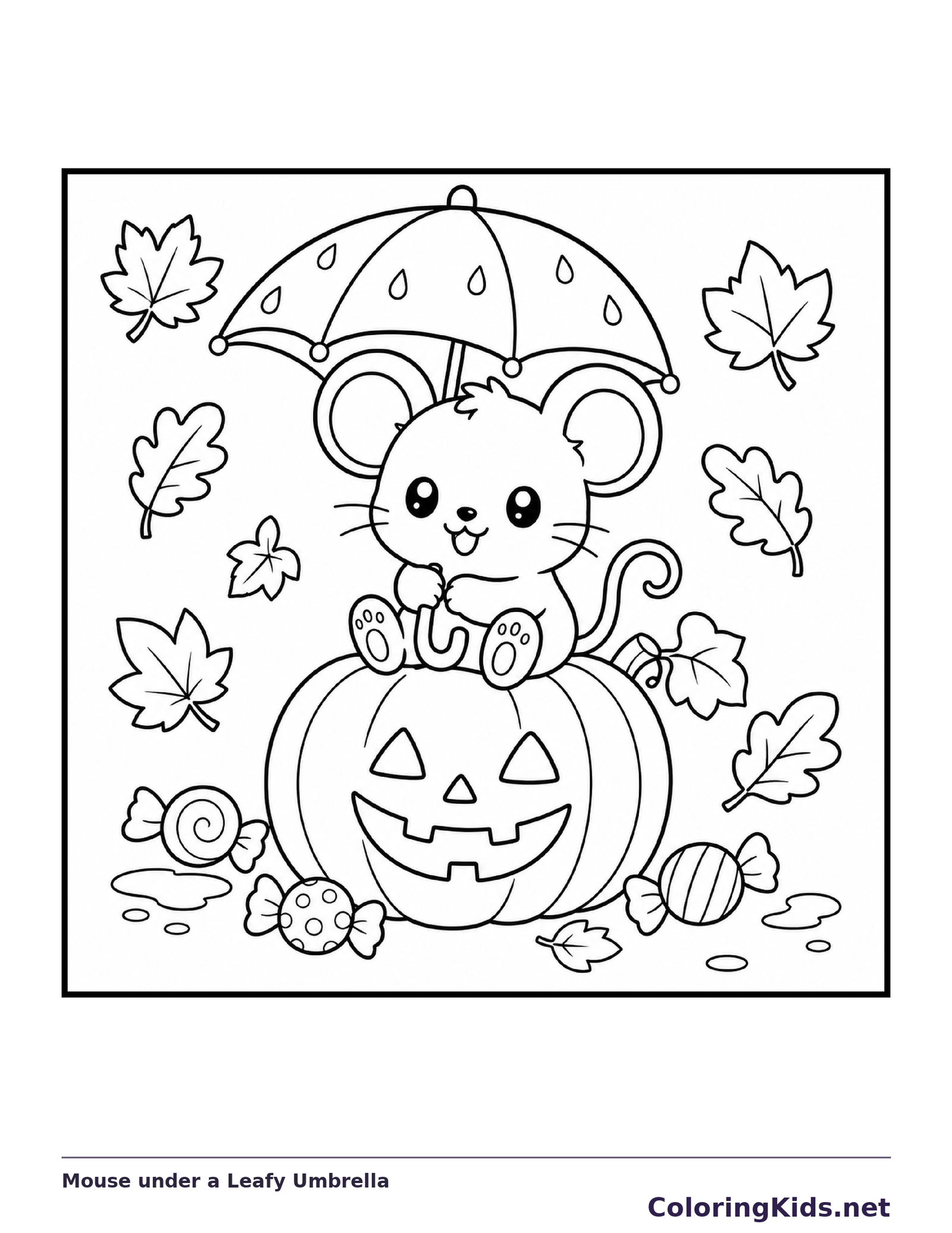 Black and white printable mouse under a leafy umbrella coloring sheet