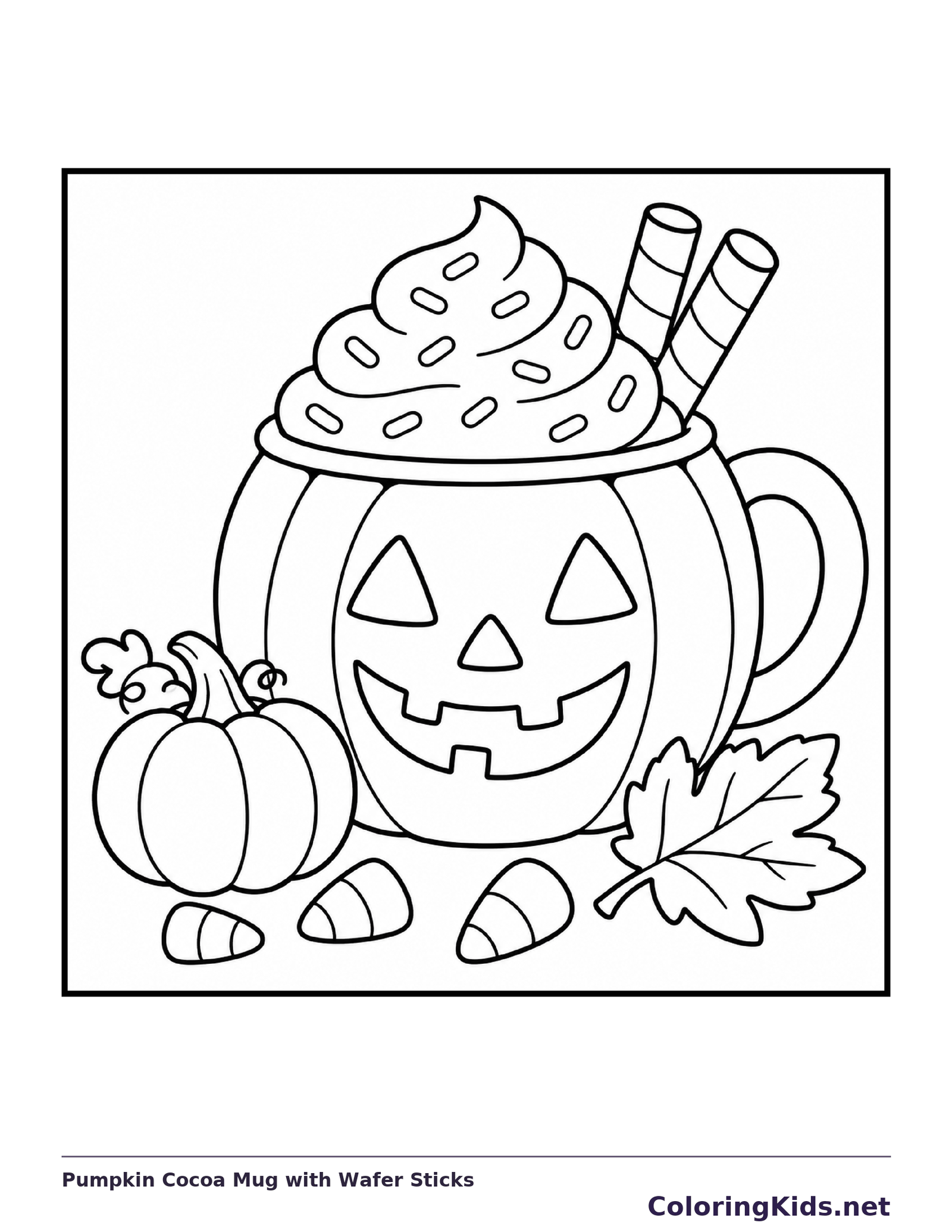 Black and white printable pumpkin cocoa mug with wafer sticks coloring sheet