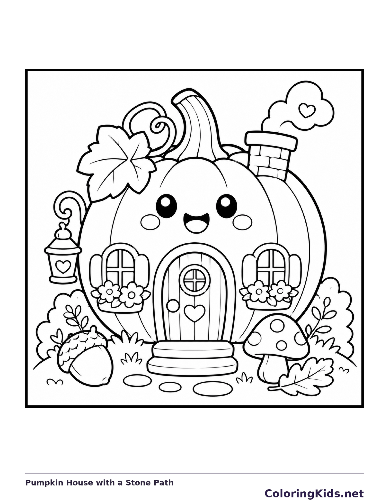 Black and white pumpkin house with a stone path coloring sheet