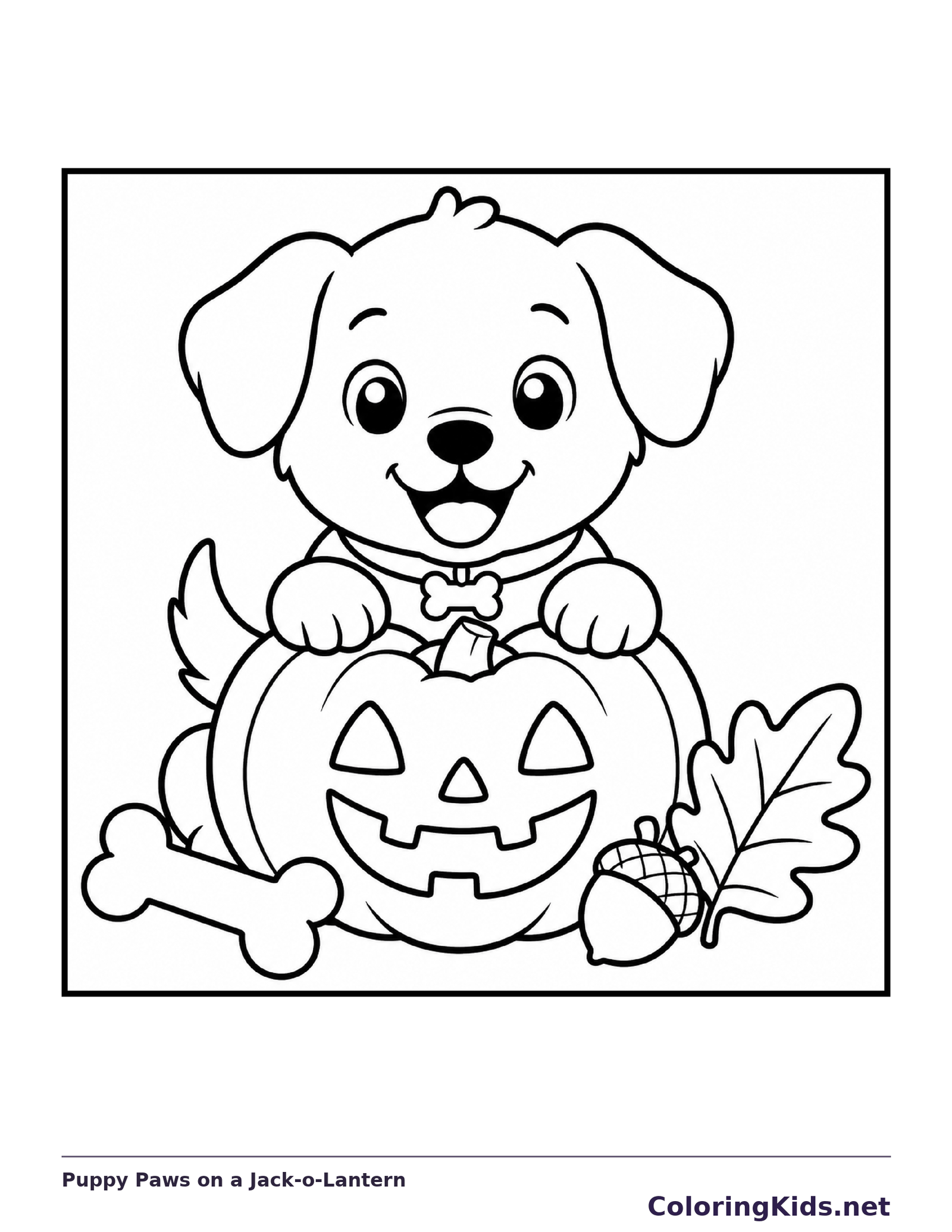Black and white printable puppy paws on a jack-o-lantern coloring sheet