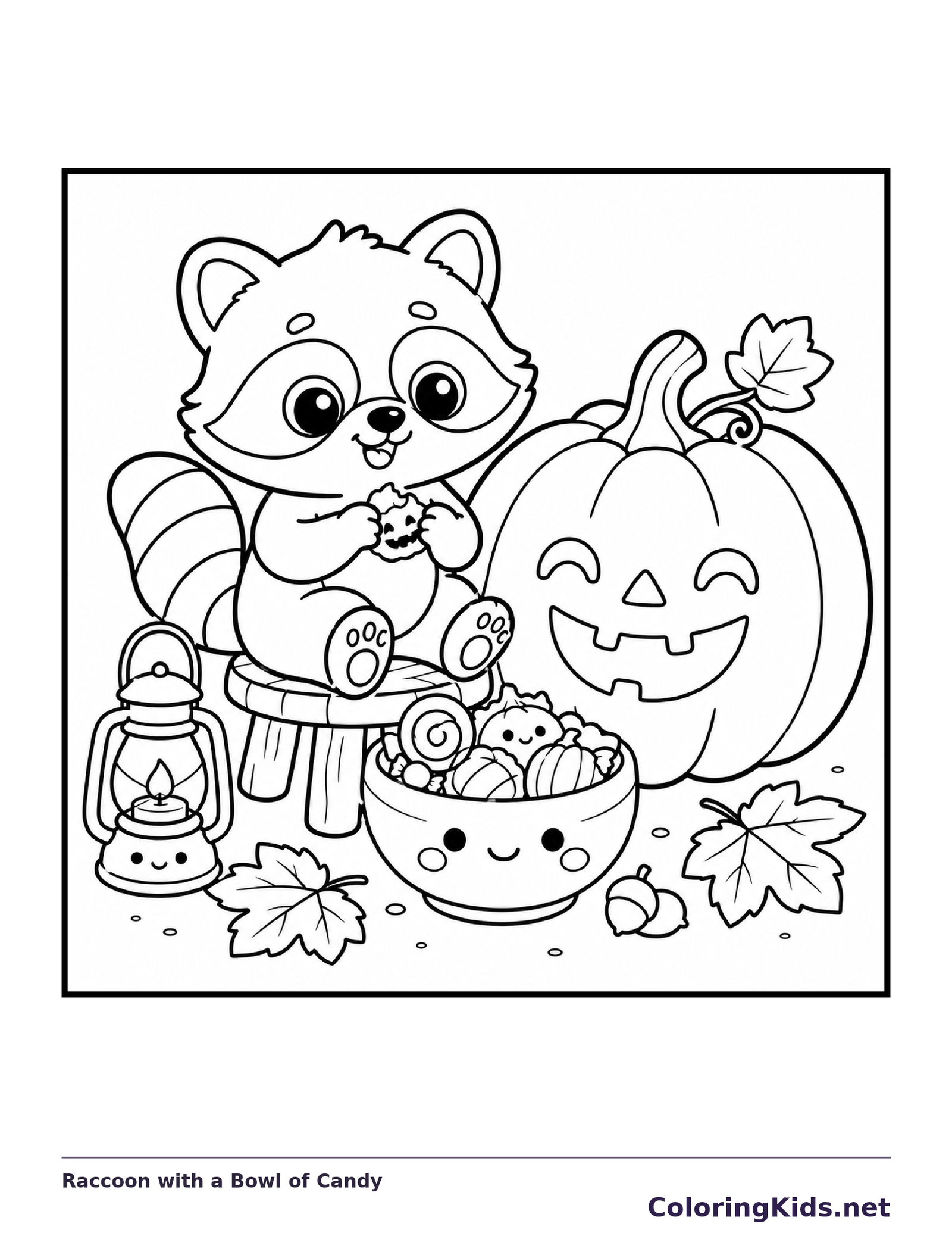 Black and white printable raccoon with a bowl of candy coloring sheet