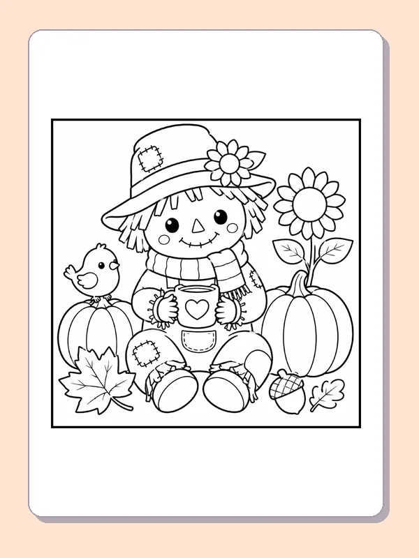 Black and white printable scarecrow holding an autumn mug coloring sheet