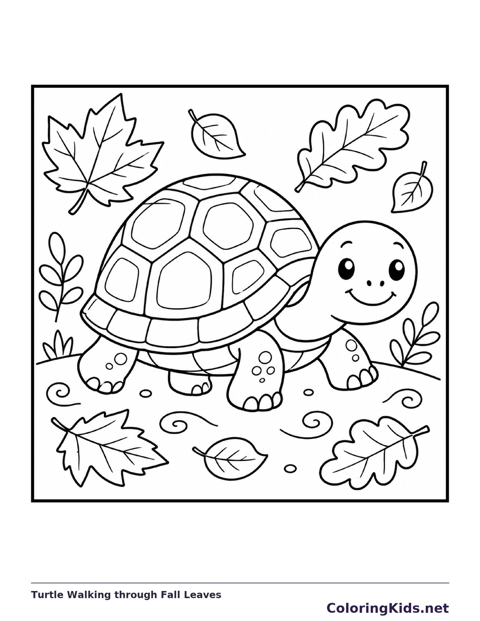 Black and white printable turtle walking through fall leaves coloring sheet