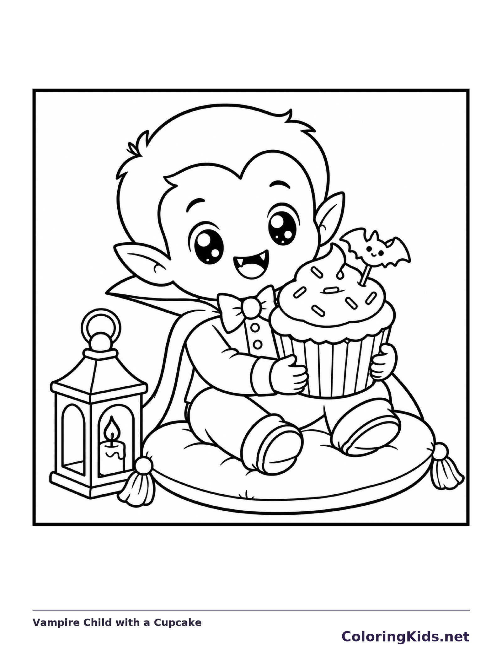Black and white printable vampire child with a cupcake coloring sheet