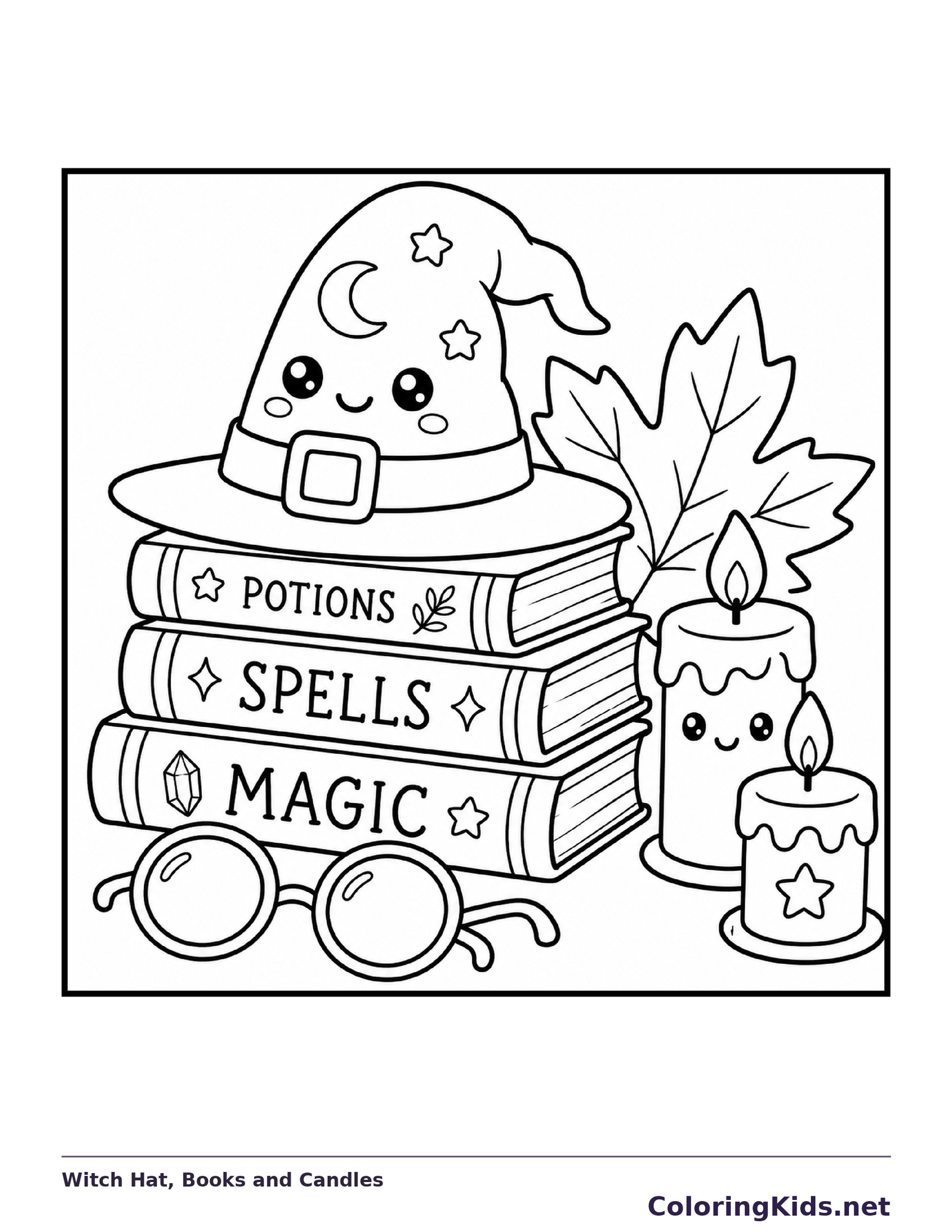 Black and white printable witch hat, books and candles coloring sheet