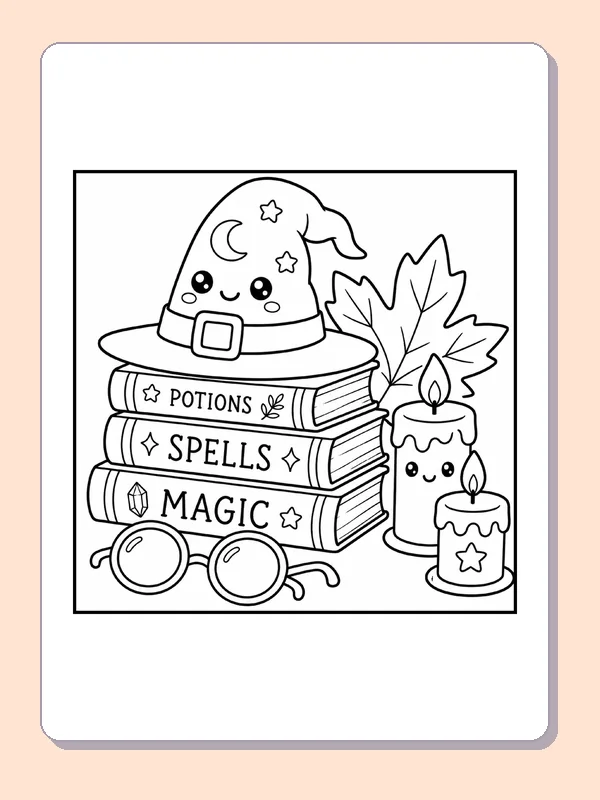 Black and white printable witch hat, books and candles coloring sheet