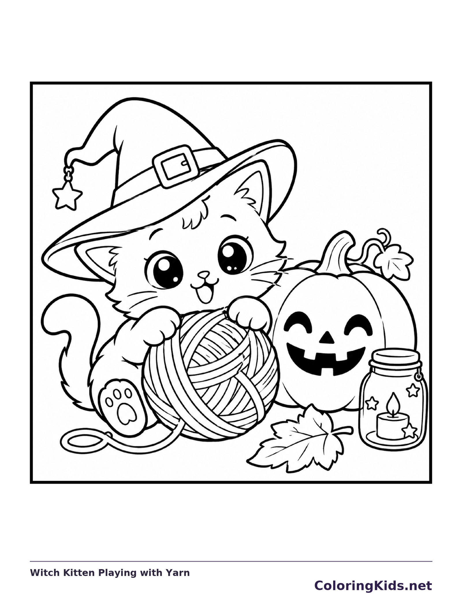 Black and white printable witch kitten playing with yarn coloring sheet