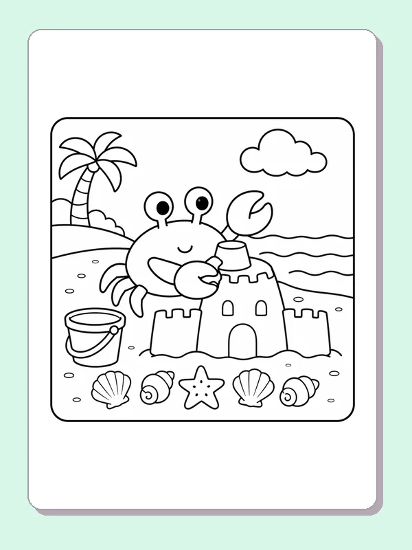 Black and white printable crab at a palm tree beach castle coloring sheet