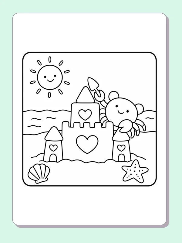Black and white printable crab beside a heart-shaped castle coloring sheet