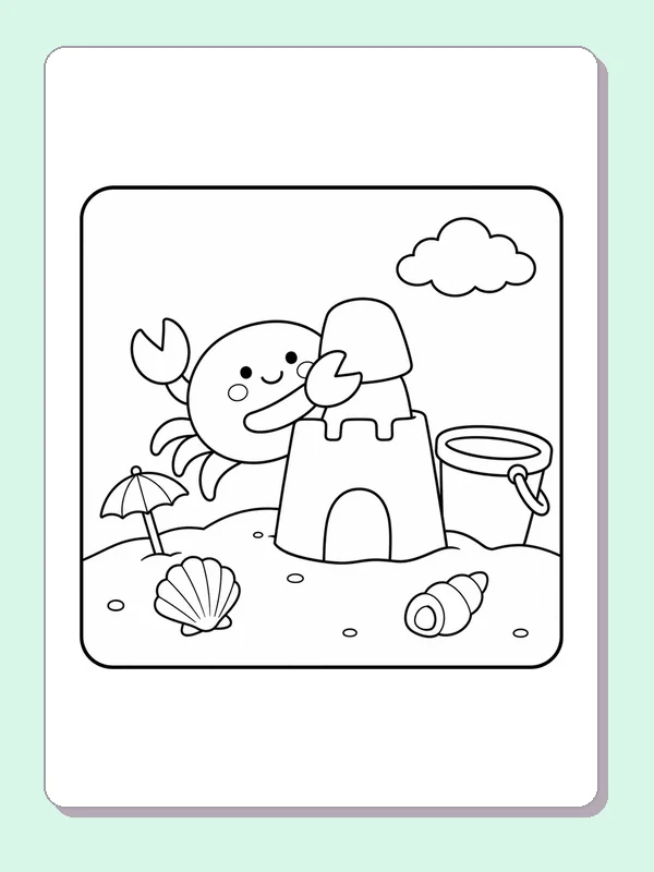 Black and white printable crab building a rounded sand tower coloring sheet