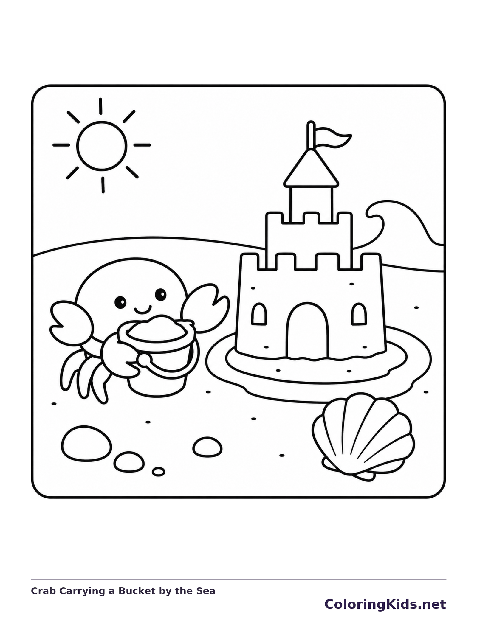 Black and white printable crab carrying a bucket by the sea coloring sheet
