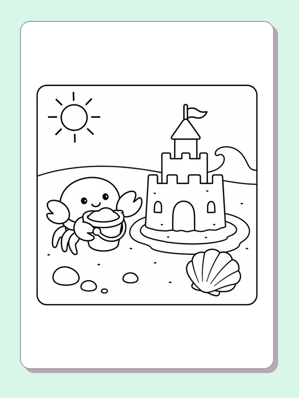 Black and white printable crab carrying a bucket by the sea coloring sheet