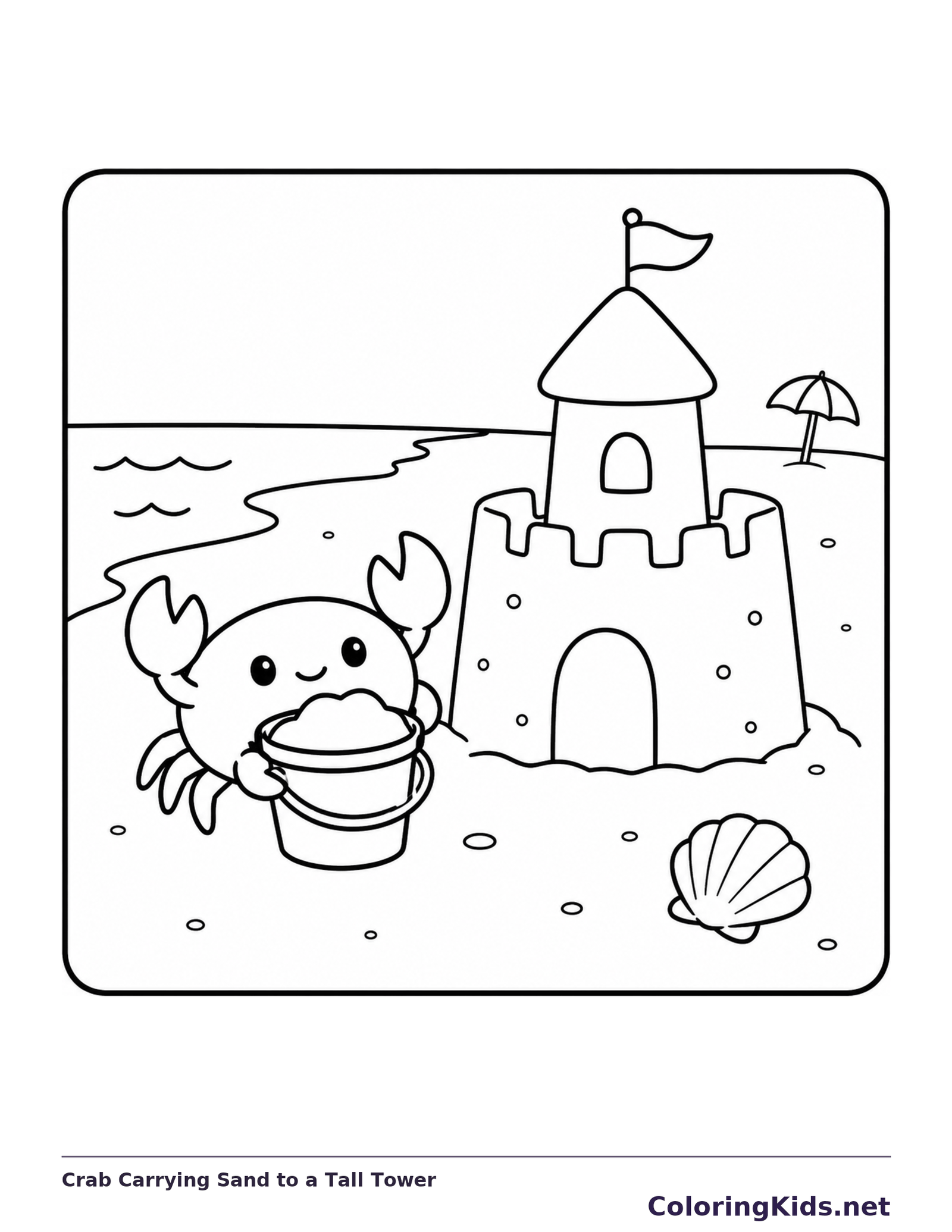 Black and white printable crab carrying sand to a tall tower coloring sheet