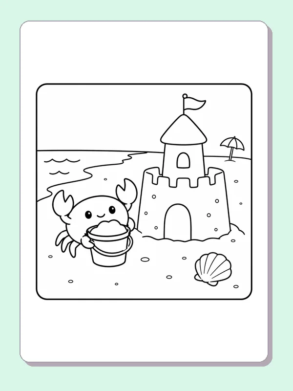 Black and white printable crab carrying sand to a tall tower coloring sheet