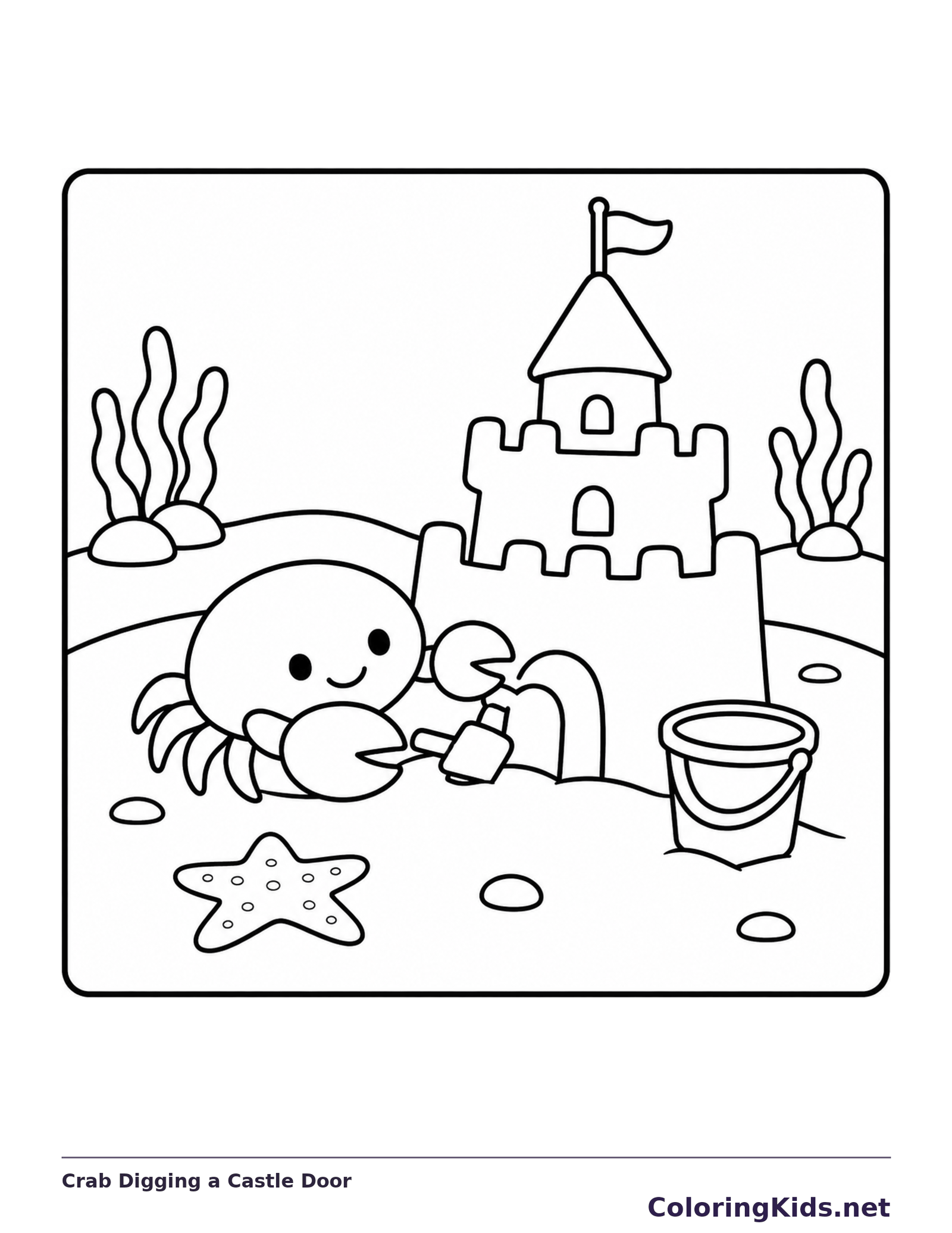 Black and white printable crab digging a castle door coloring sheet