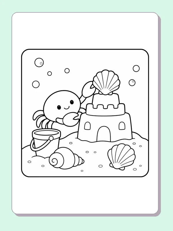 Black and white printable crab peeking around a shell tower coloring sheet
