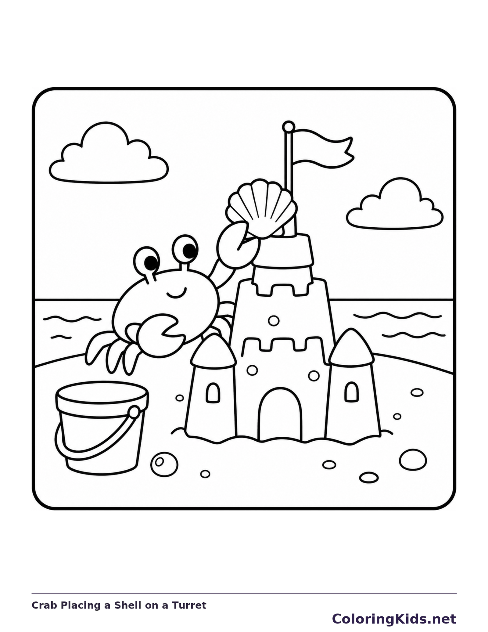 Black and white printable crab placing a shell on a turret coloring sheet
