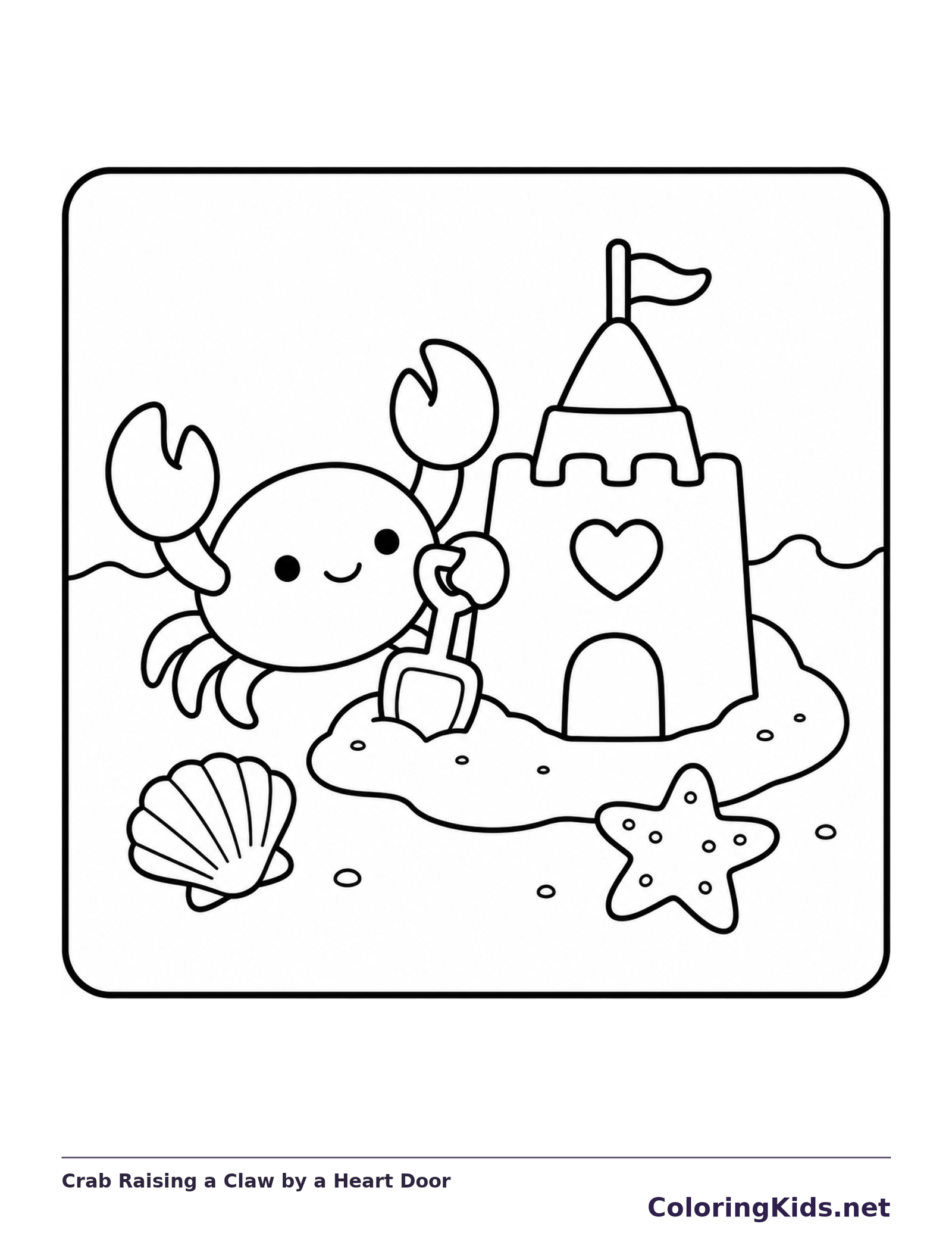 Black and white printable crab raising a claw by a heart door coloring sheet