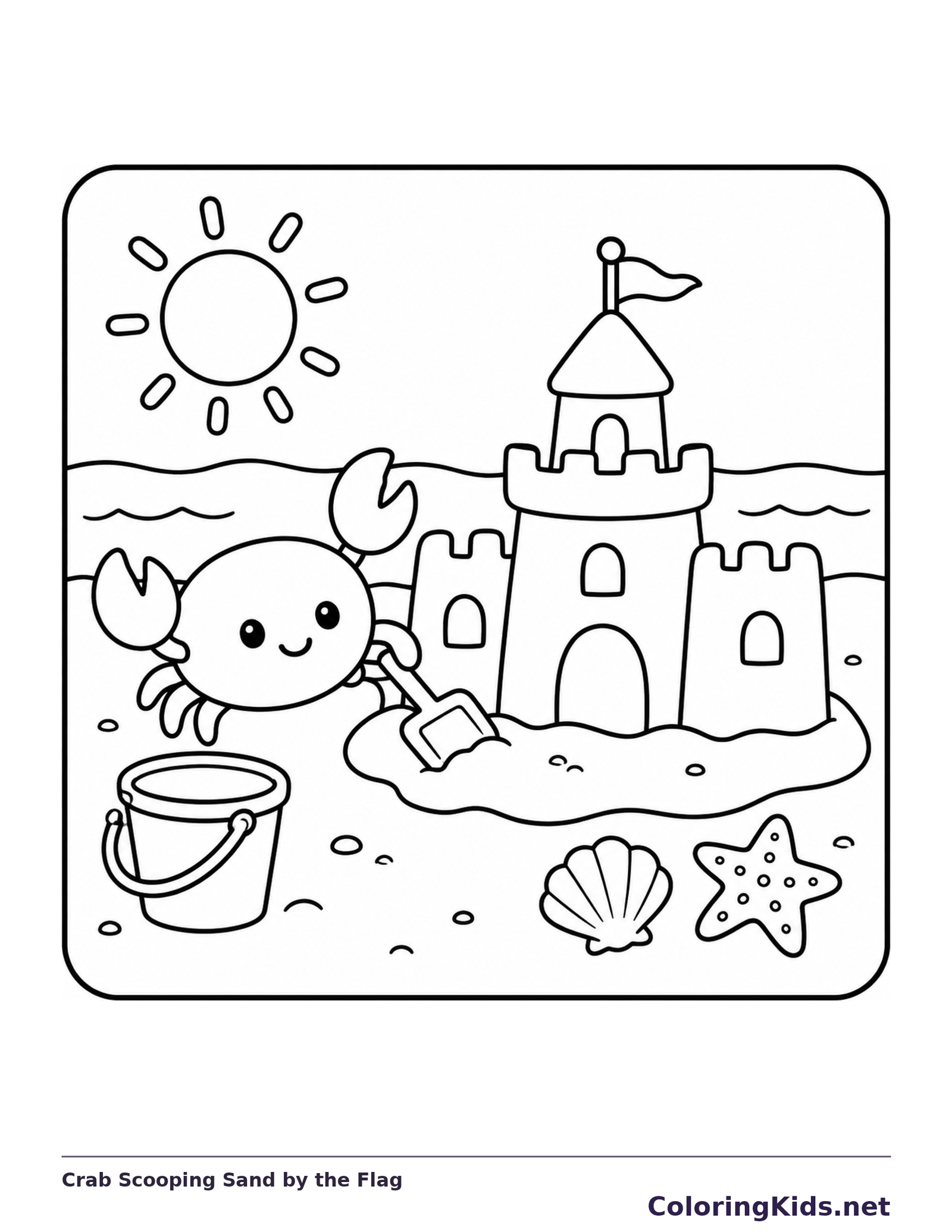 Black and white printable crab scooping sand by the flag coloring sheet