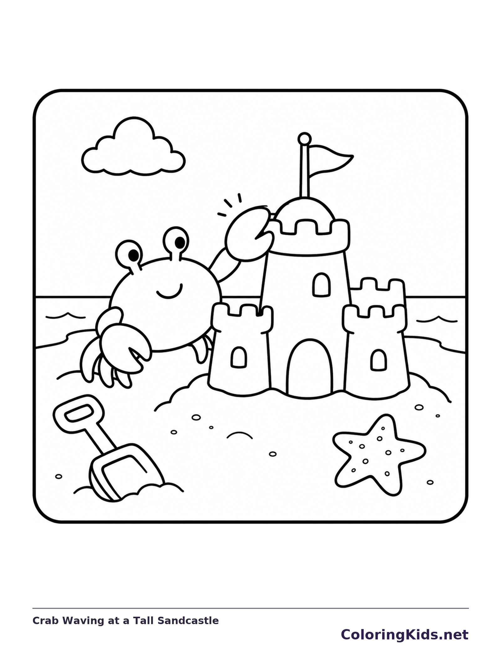 Black and white printable crab waving at a tall sandcastle coloring sheet