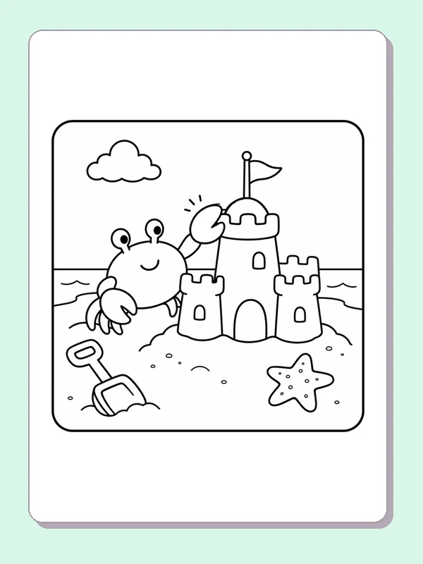 Black and white printable crab waving at a tall sandcastle coloring sheet