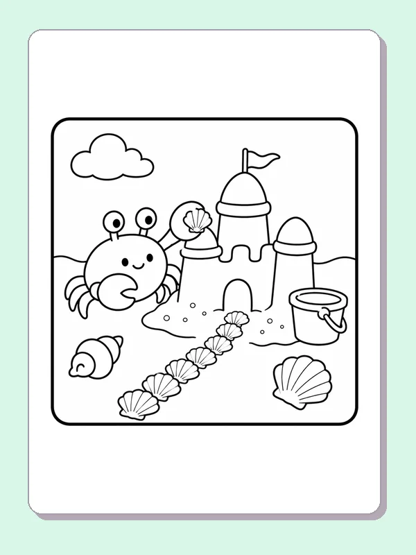 Black and white printable crab with a shell at the castle coloring sheet