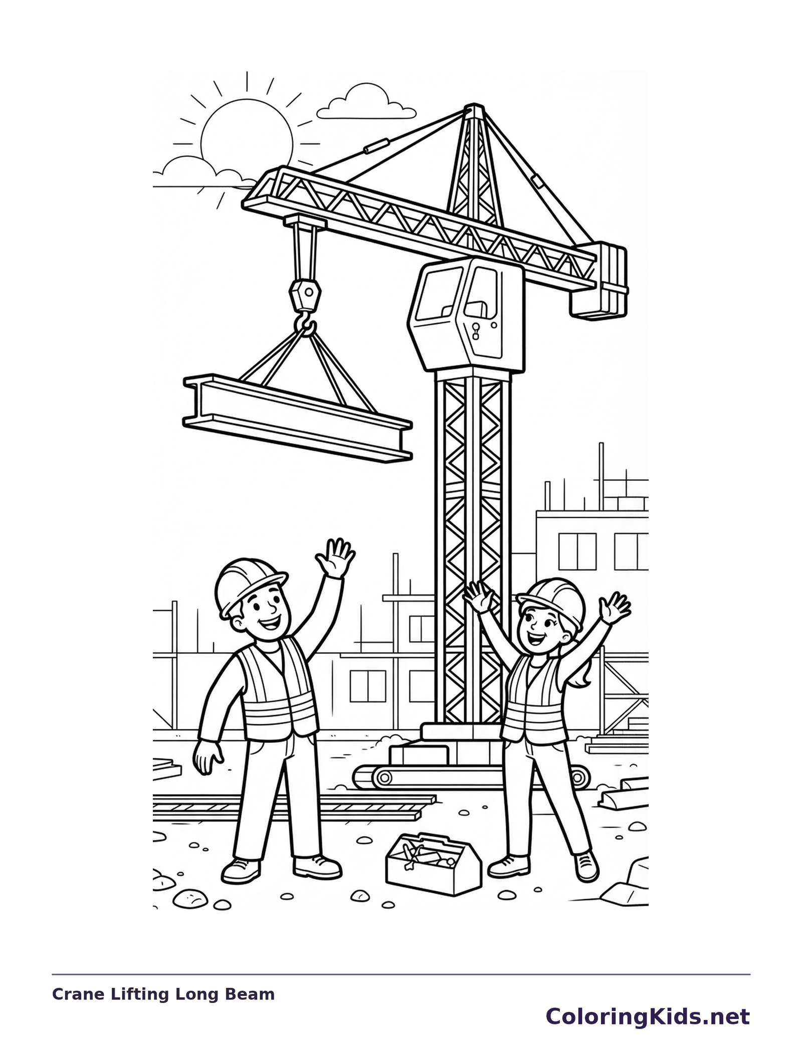 A tower crane lifting a long building beam while two workers wave at the site.