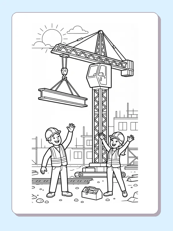A tower crane lifting a long building beam while two workers wave at the site.