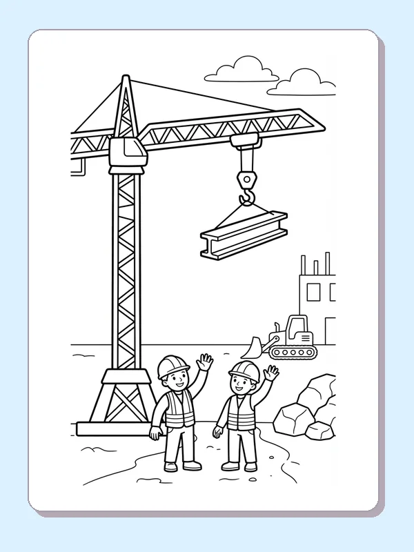 A tower crane carrying a beam above two hard-hatted workers and a building frame.