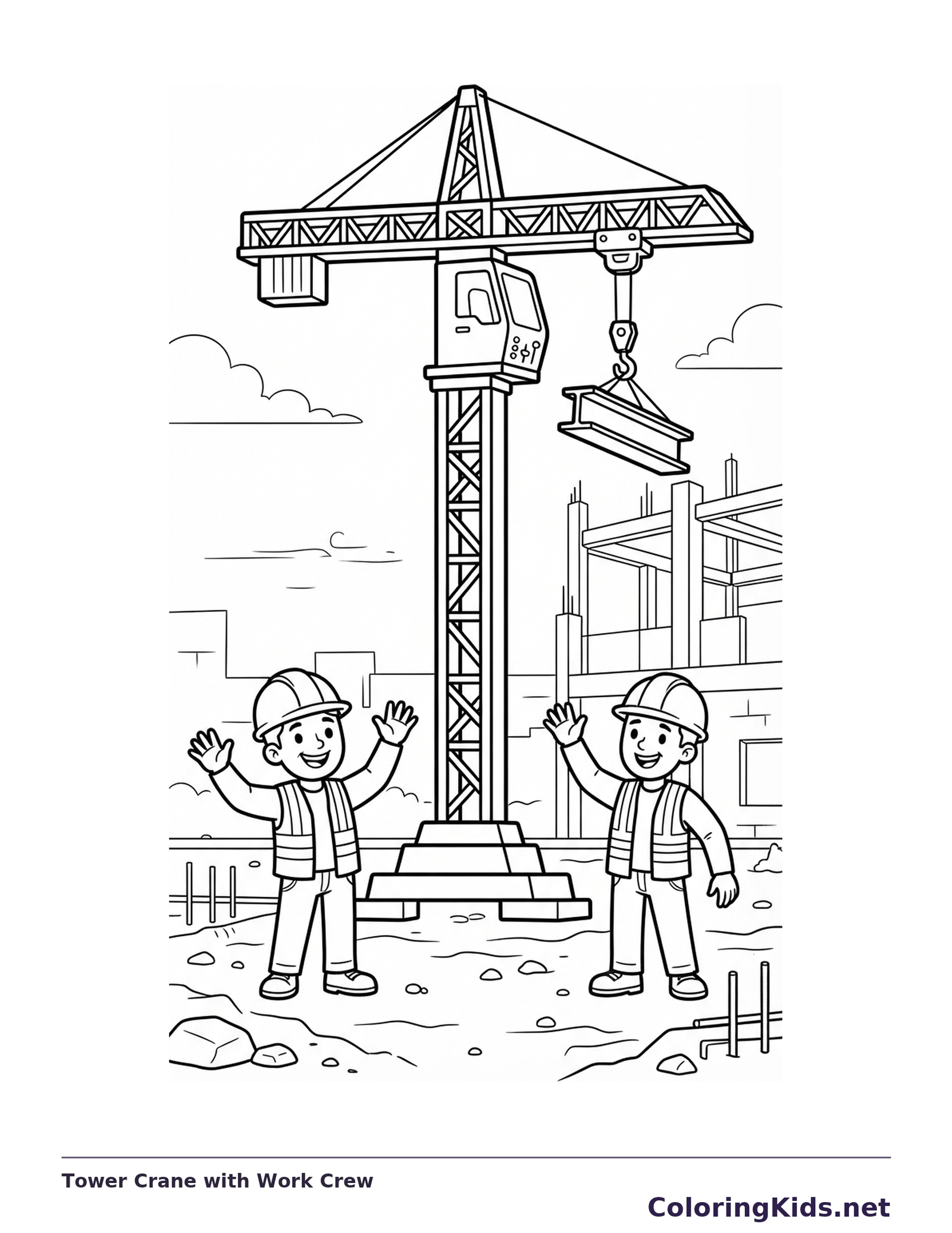 Tower crane lifting a beam above a construction crew