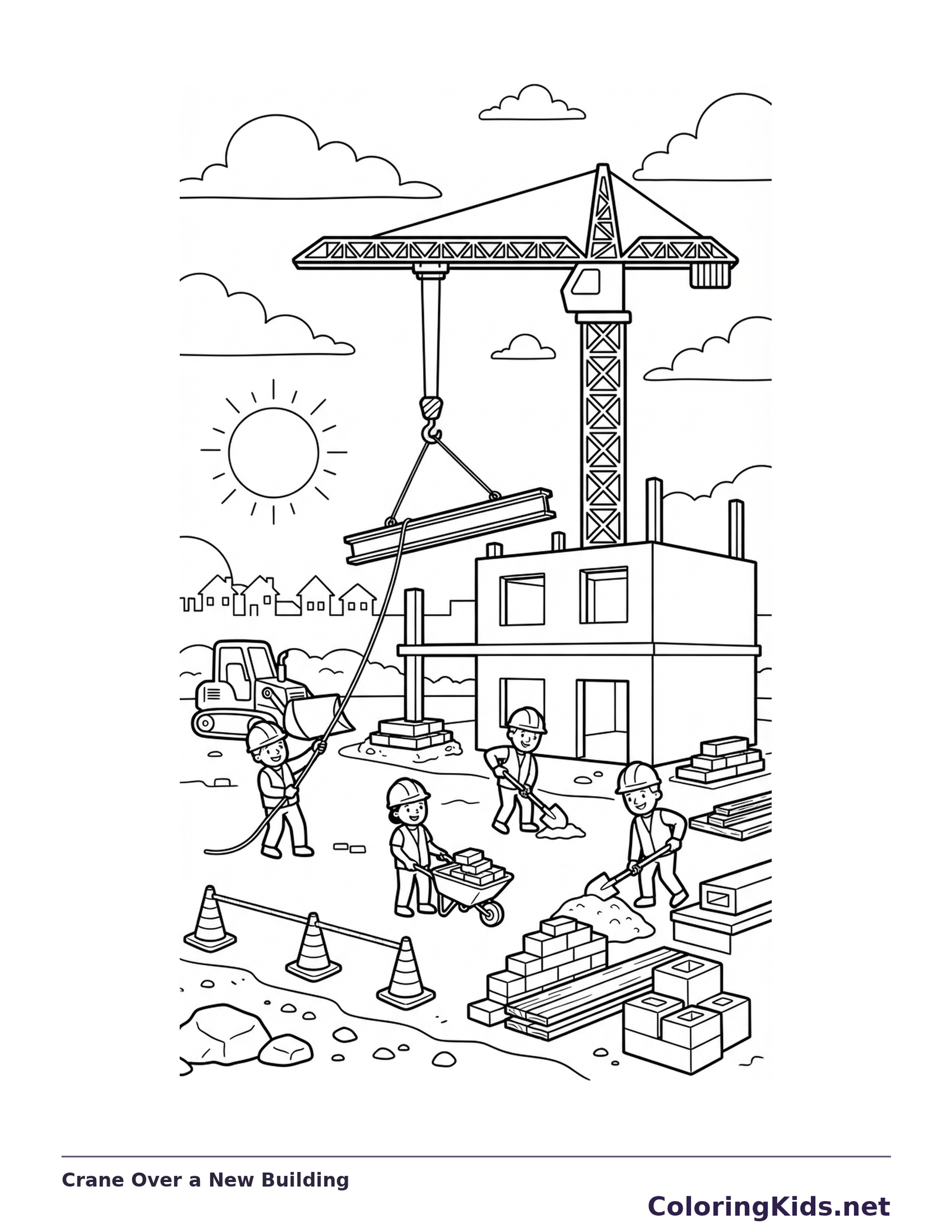 Tower crane lifting a beam above an unfinished house