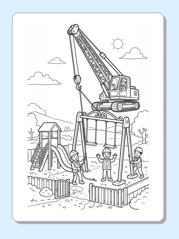 A crawler crane lifting playground equipment beside a slide, swings and watching children.