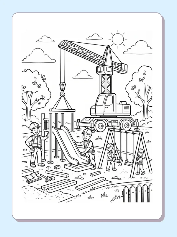Crane placing playground pieces near slide and swings