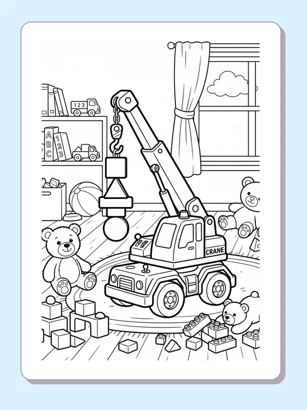 A toy crane truck lifting a block beside teddy bears and scattered playroom bricks.