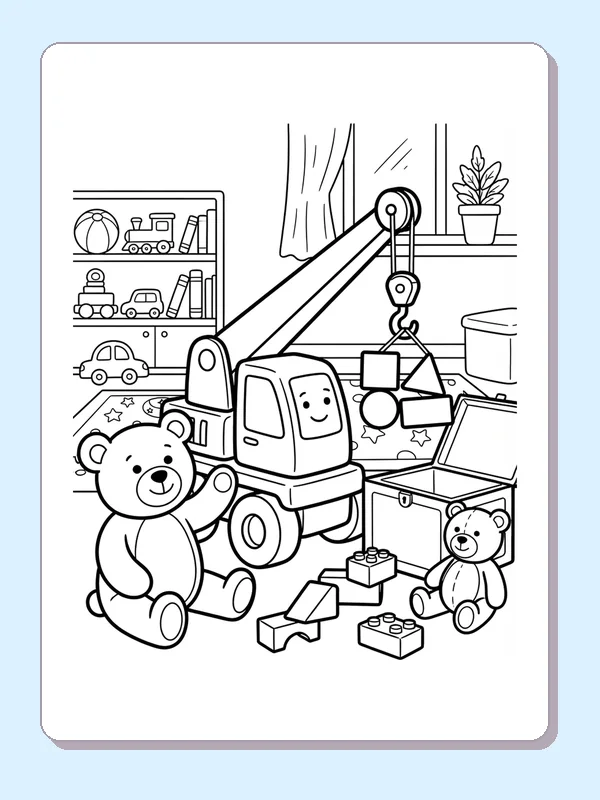 A toy crane moving a cube among teddy bears, toy cars and building blocks.
